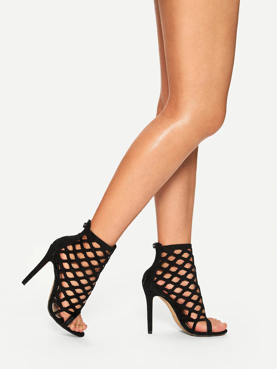 Black Mesh Cut Out Heeled Court Shoes | River Island