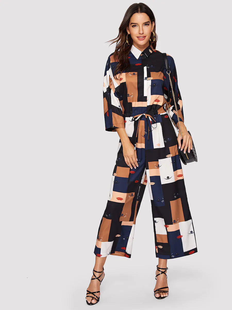 Patchwork Print Drawstring Jumpsuit