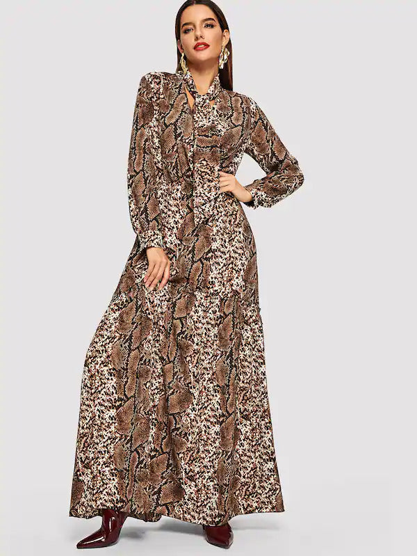 snakeskin print long sleeve dress Snakeskin Print Maxi Dress